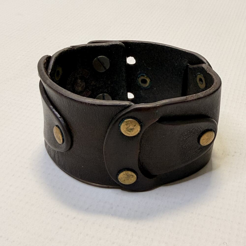 Wide Brown Leather Cuff Bracelet Mens 9 In Brass Stud Adjustable Biker Jewelry